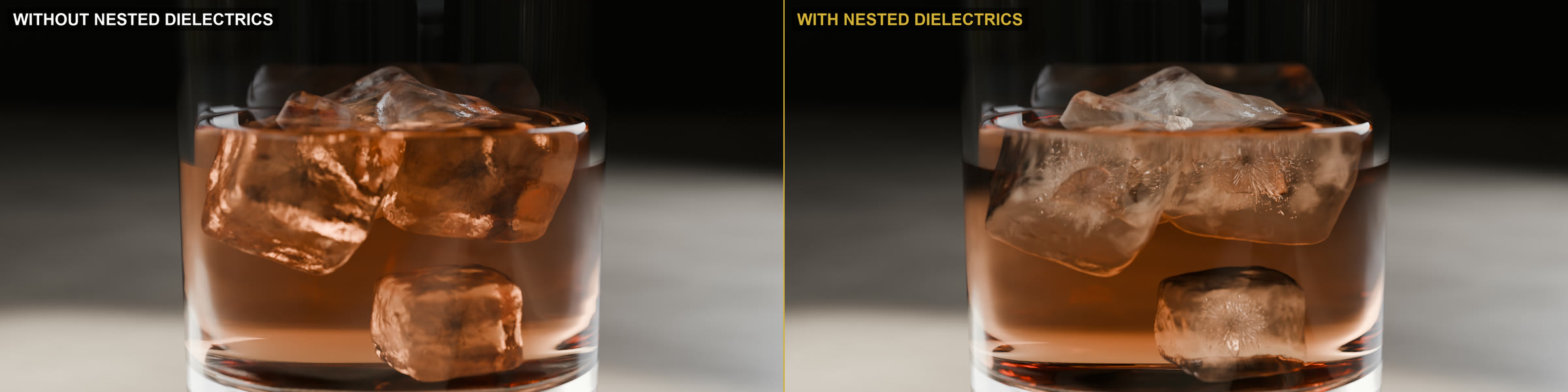Whisky glass with ice, without and with nested dielectrics